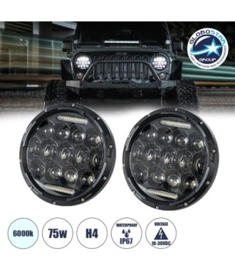 GloboStar® 85417 Σετ 2 x Φανάρια JEEP WRANGLER 7'' Ιντσών Βασικού Φωτισμού H-L με Ring Light DRL & Φλας LED CREE CXB COB 75W 12000lm DC 10-30V Αδιάβροχα IP67 Ψυχρό Λευκό 6000K